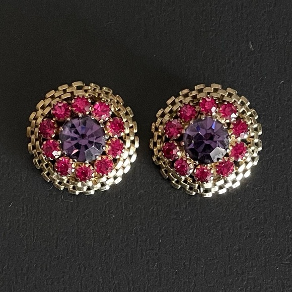 Vintage Weiss Rhinestone Earrings Pink and Purple Cocktail Clips - Picture 1 of 5
